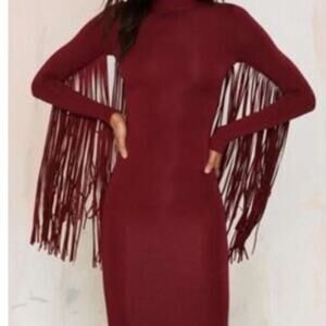 Hot and Delicious Fringe trimmed tassle midi fitted red dress size large‎